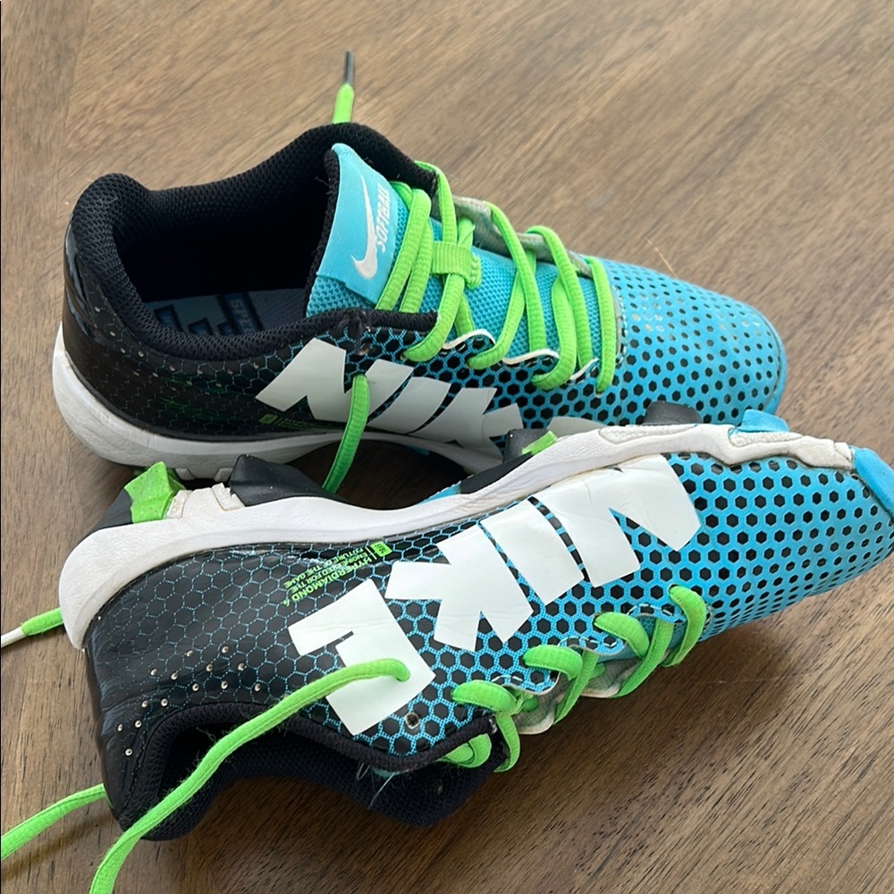 Nike Blue and Green Softball Cleats with Neon Laces